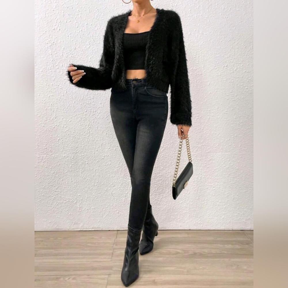 New Luxe Fluffy Faux Fur Like Knit Cardigan Sweater Cropped Black